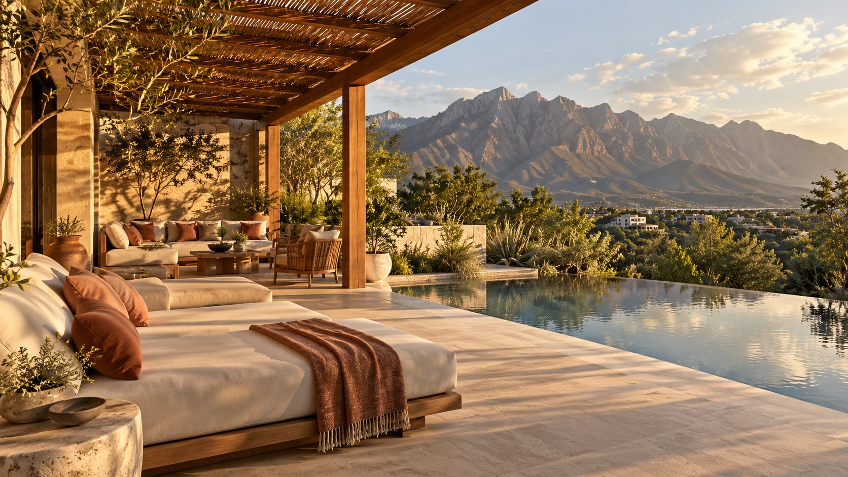 Terraza con alberca infinita y vista a la sierra de Monterrey