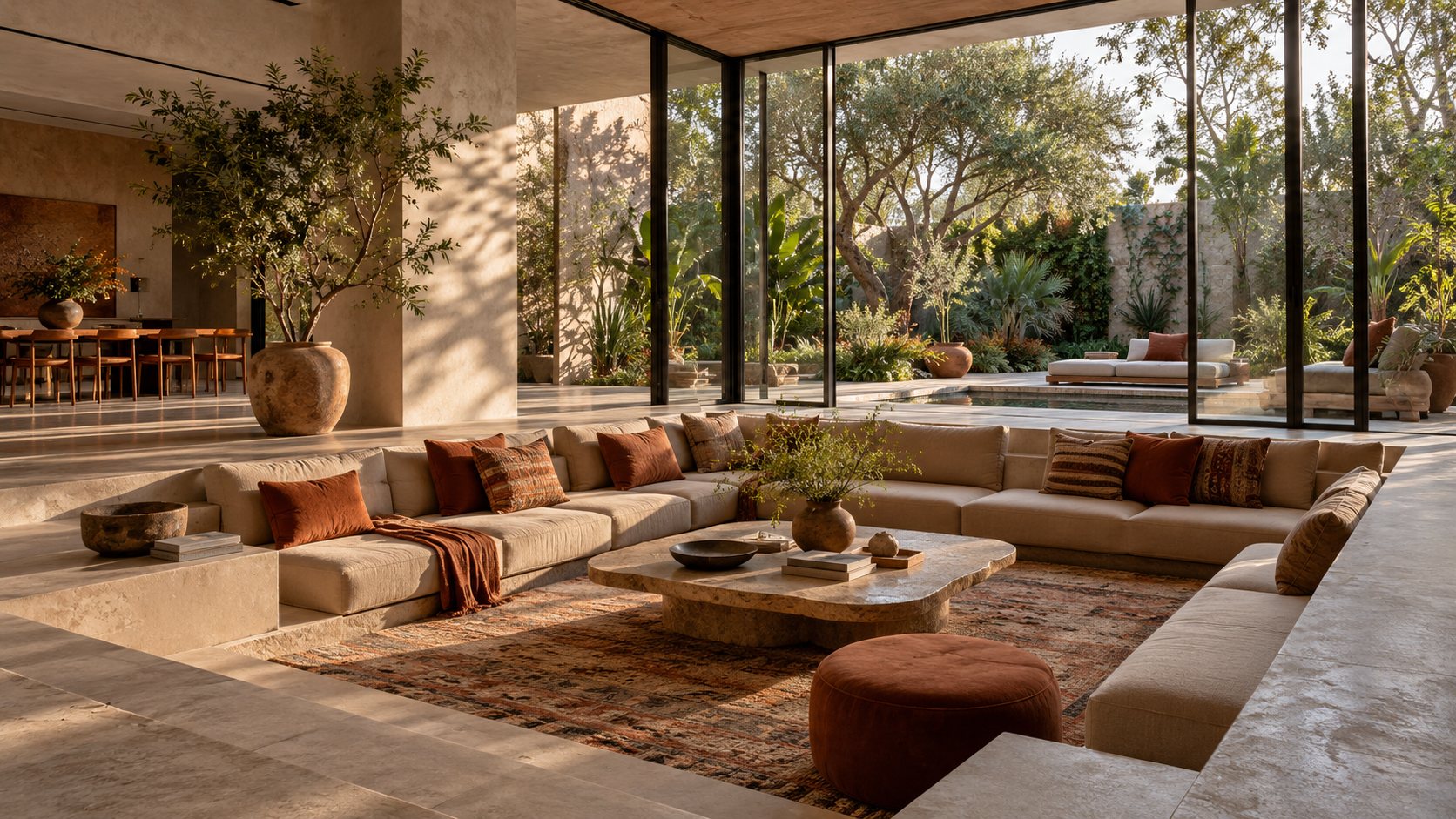 Sala hundida con vista al jardín y alberca