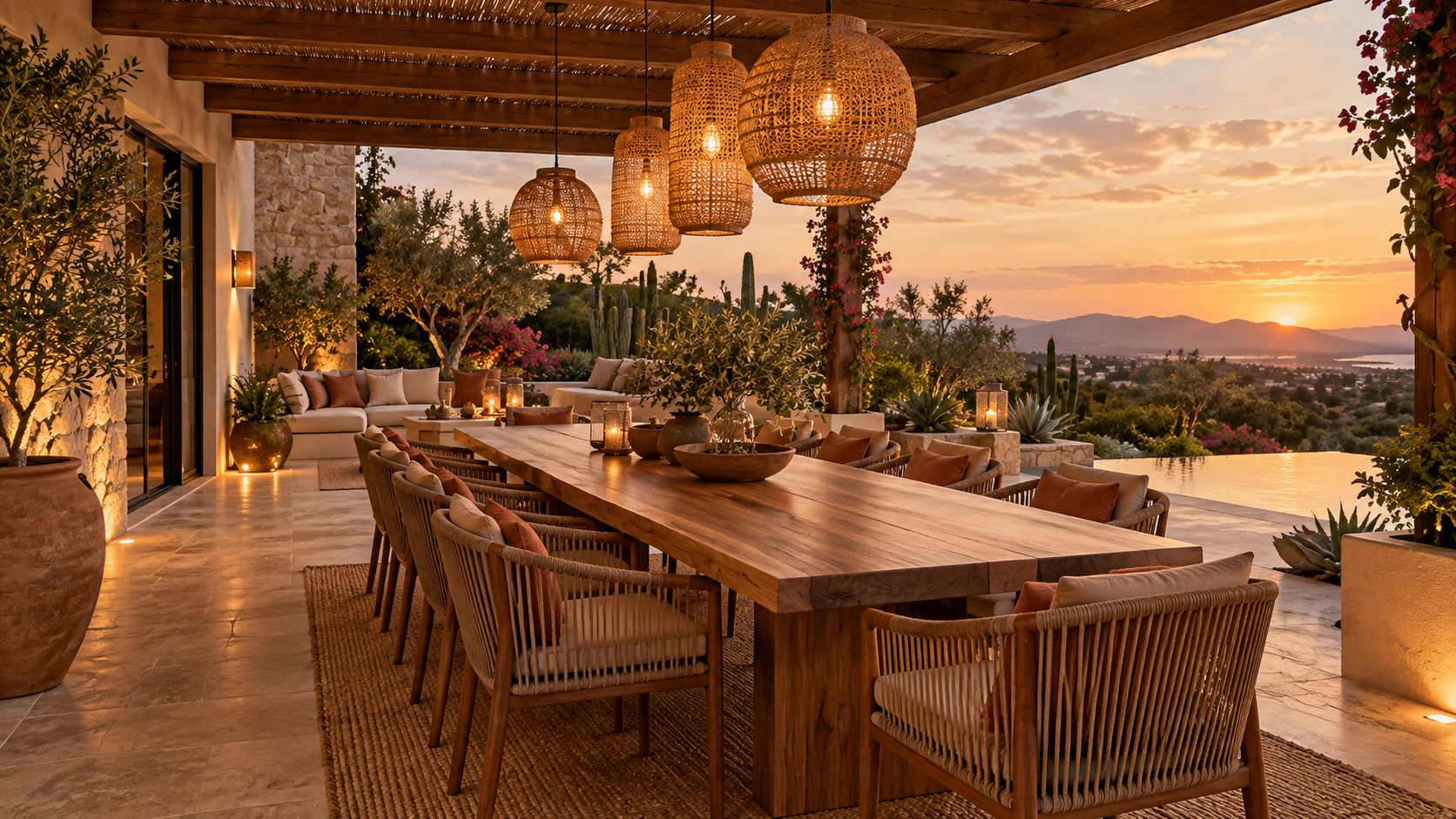 Terraza cubierta con comedor al atardecer